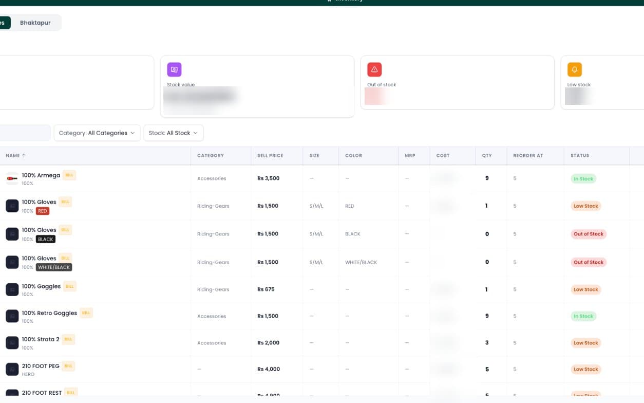 Bolts and Brains admin inventory table with quantity and stock status per product; cost figures are blurred